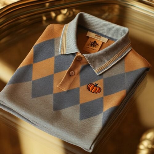 Men's Classic Business Check Halloween Pumpkin Button Short Sleeve Polo Shirt