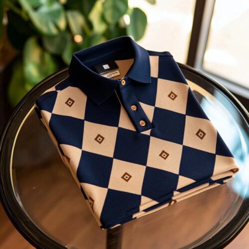 Men's Business Casual Embroidered Diamond Check Short Sleeve Polo Shirt