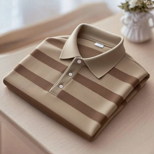 21ecdc57373995e6942275c824b695de-_1.png Men's Business Casual Brown Striped Button Short Sleeve Polo Shirt