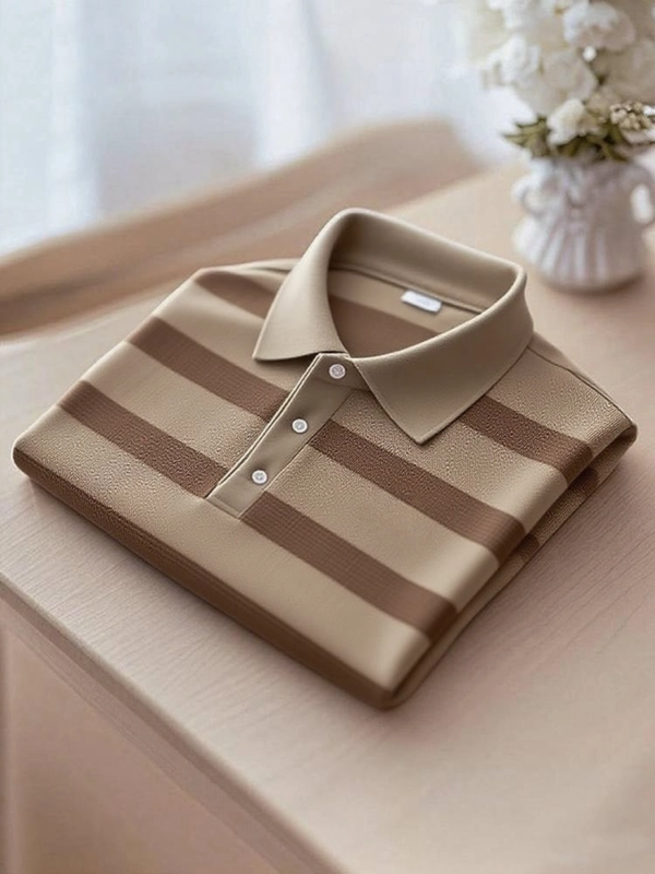 21ecdc57373995e6942275c824b695de-_1.png Men's Business Casual Brown Striped Button Short Sleeve Polo Shirt