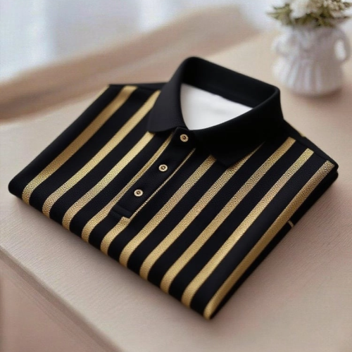 Men's Business Casual Gold and Black Stripe Button Short Sleeve Polo Shirt