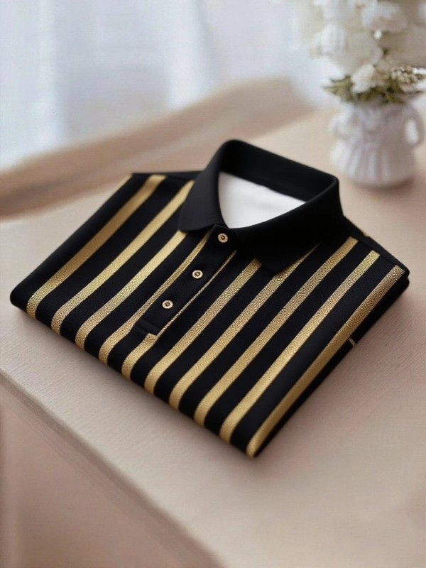 6024dbf314f851bf985d3704fd55c04e-_1.png Men's Business Casual Gold and Black Stripe Button Short Sleeve Polo Shirt