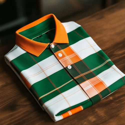 Men's Business Casual Orange Green Plaid Button Short Sleeve Polo Shirt