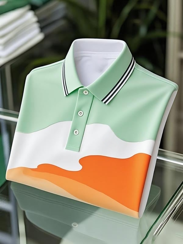 MPO623440-AI-20250919.png Men's Classic Business Tricolor Irregular Logo Button Short Sleeve Polo Shirt