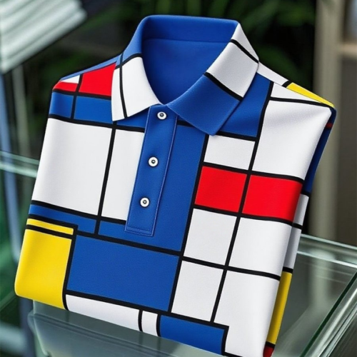 Men's Business Casual Mondrian Art Button Short Sleeve Polo Shirt