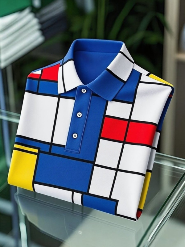 MYY25080410-AI-20250916.png Men's Business Casual Mondrian Art Button Short Sleeve Polo Shirt