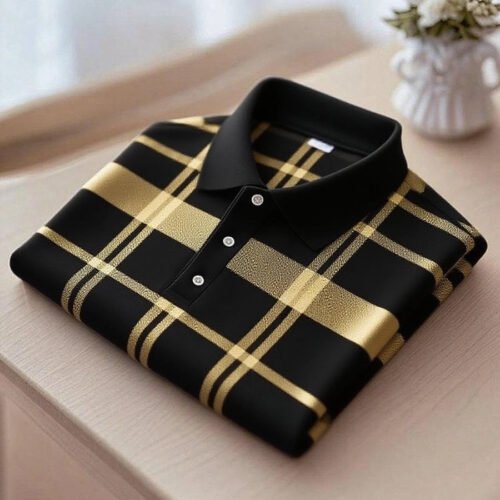 MYY25080501_6a90099e-848e-4e52-99ed-14482783d931.jpg Men's Business Casual Black and Yellow Plaid Button Short Sleeve Polo Shirt