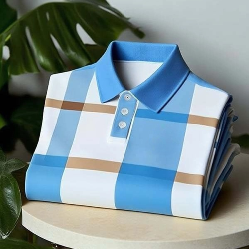 Men's Classic Business Check Button Short Sleeve Polo Shirt