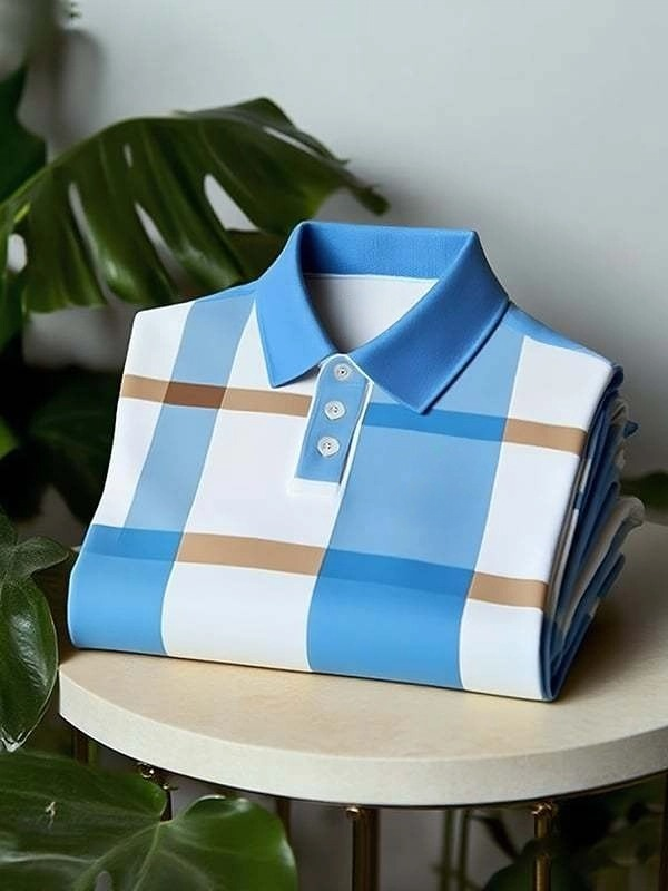 MYY25080503-AI-20250915.png Men's Classic Business Check Button Short Sleeve Polo Shirt