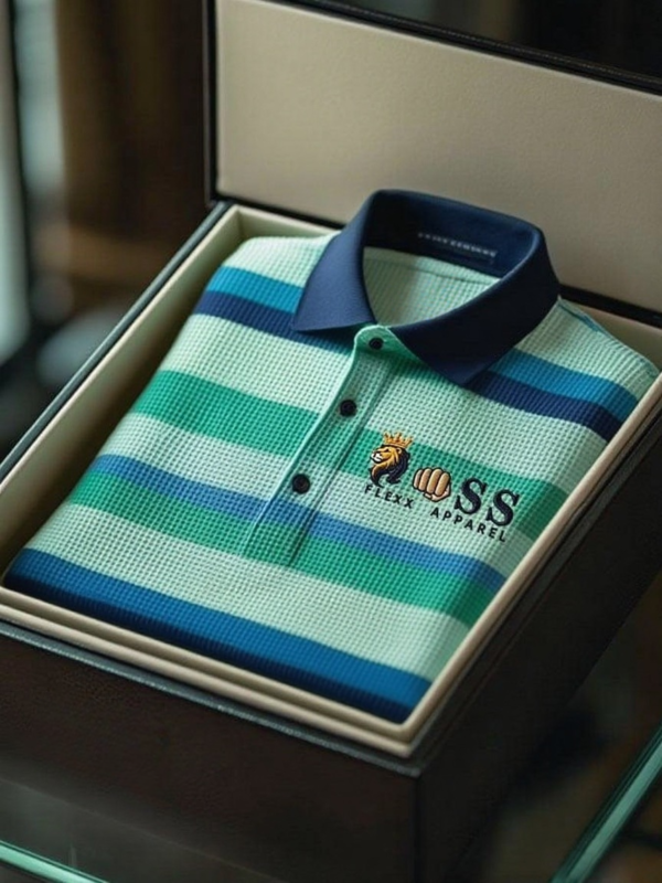 MYY25082913-AI-20250916.png Men's Fashion Business Style Letter Printed Waffle Casual Short Sleeve POLO Shirt